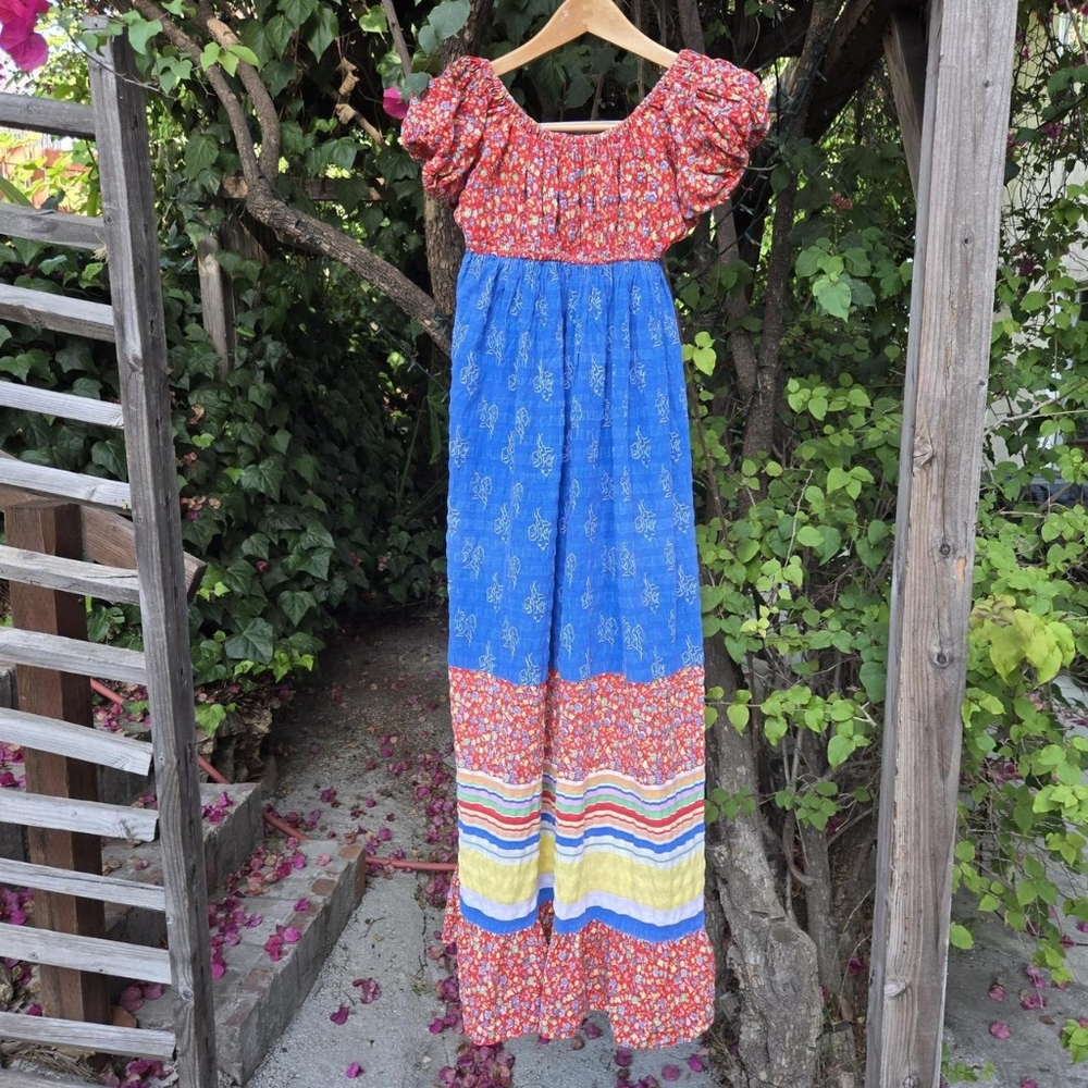 Vintage 70s Smocked Summer Dress Xs S